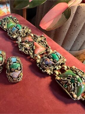Green and Pink Selro Selini Vintage Statement Bracelet and Earrings Set